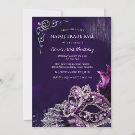 Purple Silver Masquerade Elegant Birthday Party 招待状