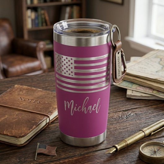 Purple Silver Patriotic American Flag Script Name 保温保冷タンブラー