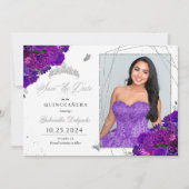 Purple & Silver Quinceaenera日付写真を保存 招待状 (正面)