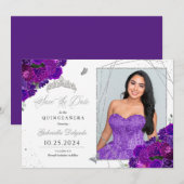 Purple & Silver Quinceaenera日付写真を保存 招待状 (正面/裏面)