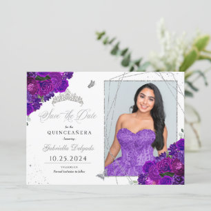 Purple & Silver Quinceaenera日付写真を保存 招待状
