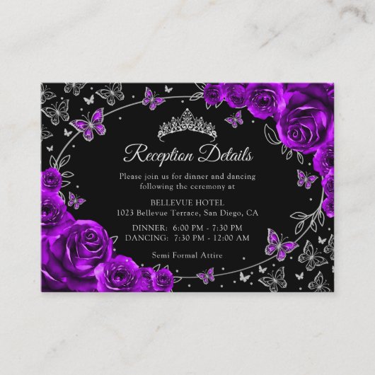 Purple Silver Quinceanera Reception Details エンクロージャーカード (正面)