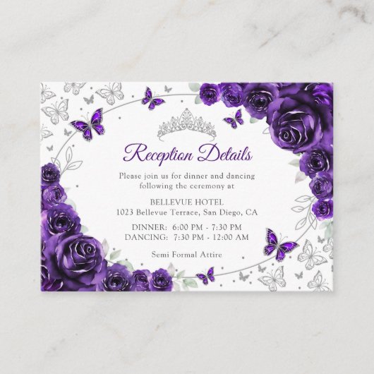 Purple Silver Quinceanera Reception Details エンクロージャーカード (正面)