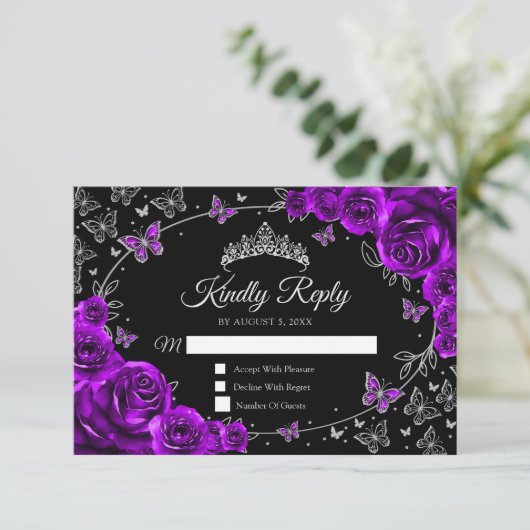 Purple Silver Quinceanera Reply 出欠カード (スタンド正面)