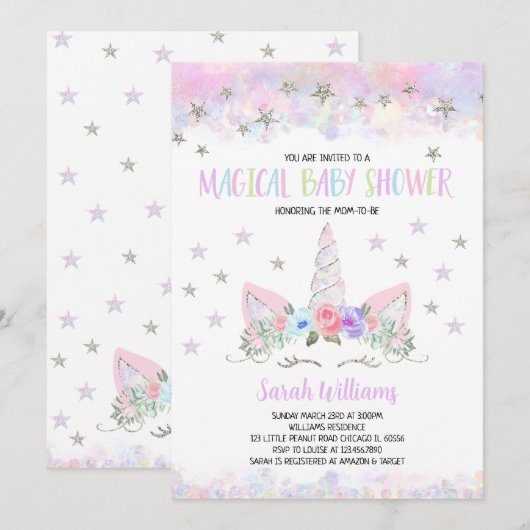 Purple Silver Unicorn Baby Shower 招待状 (正面/裏面)