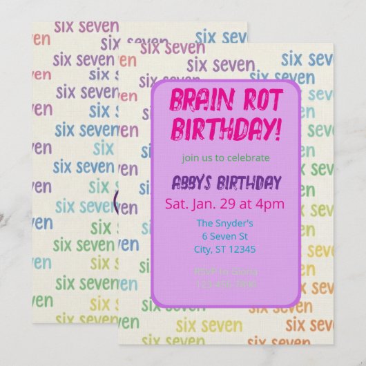 Purple Six Seven Brain Rot Birthday 招待状 (正面/裏面)
