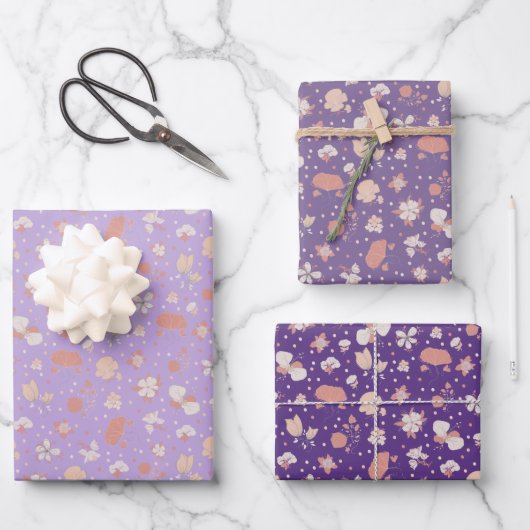 Purple Sketched Flowers ラッピングペーパーシート (正面)