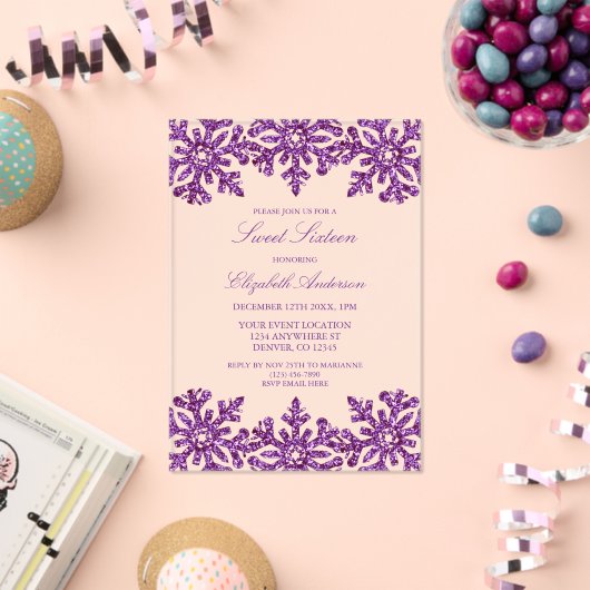 Purple Snowflake Winter Sweet 16 アクリル招待状 (インサイチュ (お祝い))