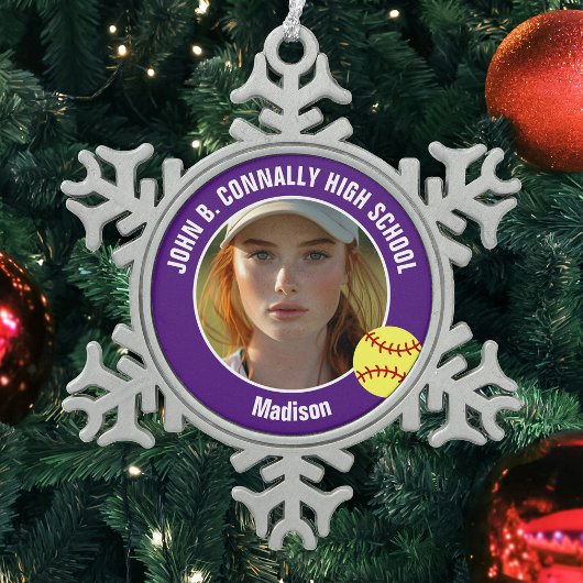Purple Softball Player Photo High School Keepsake スノーフレークピューターオーナメント