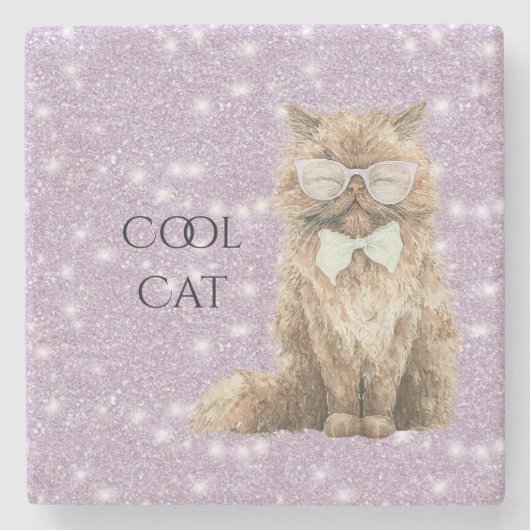 Purple Sparkle Glitter Brown Cool Cat Glasses   ストーンコースター (正面)