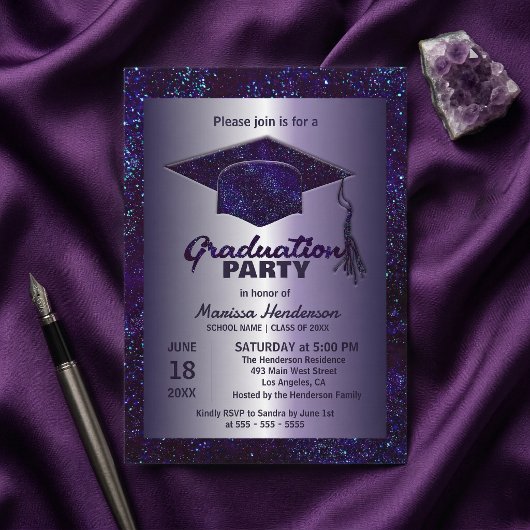 Purple Sparkle Silver Glitter Graduation Party 招待状