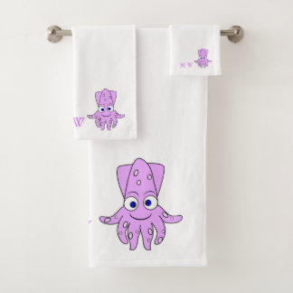 Purple Squid Design Monogrammed バスタオルセット