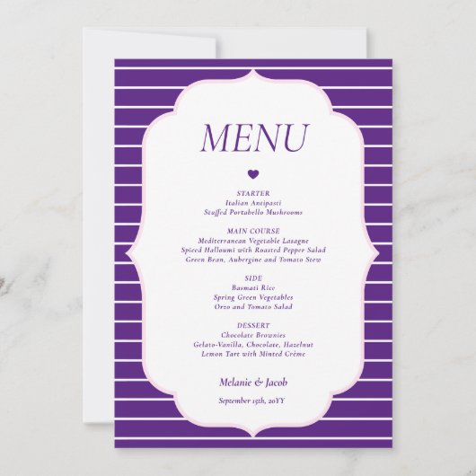 Purple Striped Wedding Menu Flat Card 招待状 (正面)