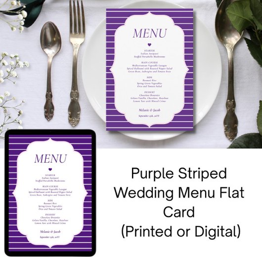 Purple Striped Wedding Menu Flat Card 招待状