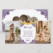 Purple Sunflower Floral Lace Photo Wedding サンキューカード (正面/裏面)