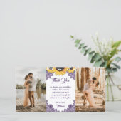 Purple Sunflower Floral Lace Photo Wedding サンキューカード (スタンド正面)