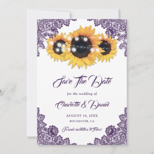 Purple Sunflower Floral Lace Rustic Wedding セーブザデート (正面)