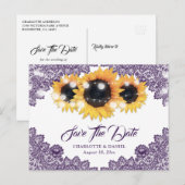 Purple Sunflower Lace Wedding Save The Date 案内ポストカード (正面/裏面)