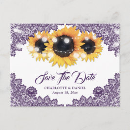 Purple Sunflower Lace Wedding Save The Date 案内ポストカード