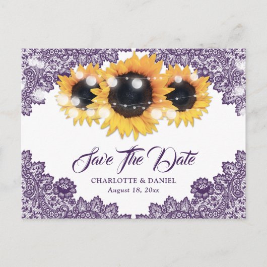 Purple Sunflower Lace Wedding Save The Date 案内ポストカード (正面)