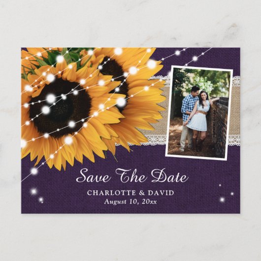 Purple Sunflower Save The Date Photo Postcard 案内ポストカード (正面)
