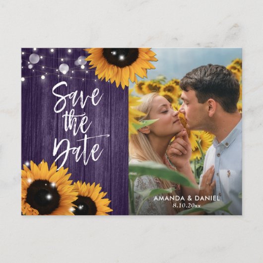 Purple Sunflower Save The Date Photo Postcard 案内ポストカード (正面)