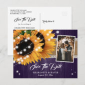 Purple Sunflower String Lights Wood Wedding Photo 案内ポストカード (正面/裏面)