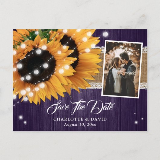 Purple Sunflower String Lights Wood Wedding Photo 案内ポストカード (正面)