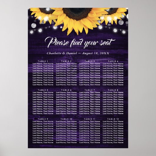 Purple Sunflower Wedding Seating Chart 12 ポスター (正面)