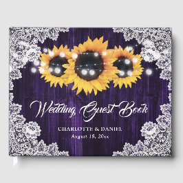 Purple Sunflower Wood Floral Lace Wedding ゲストブック