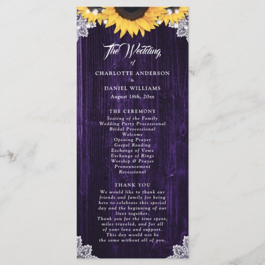 Purple Sunflower Wood Floral Lace Wedding Program プログラム (正面)