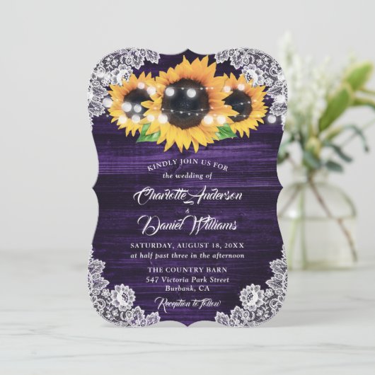 Purple Sunflower Wood Lace String Lights Wedding 招待状 (スタンド正面)