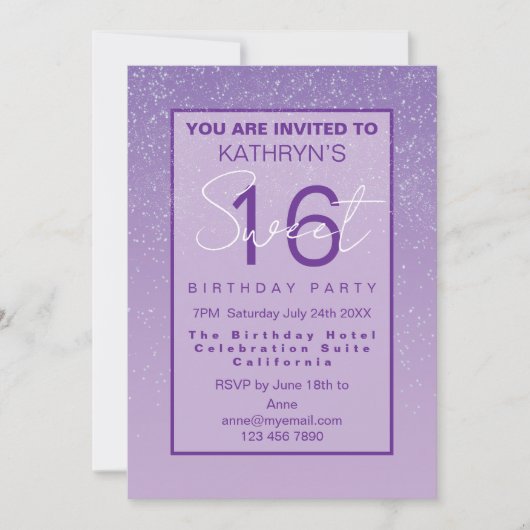 Purple Sweet 16 Birthday Party  招待状 (正面)