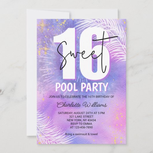 Purple Sweet 16 Pool Party Birthday 招待状 (正面)