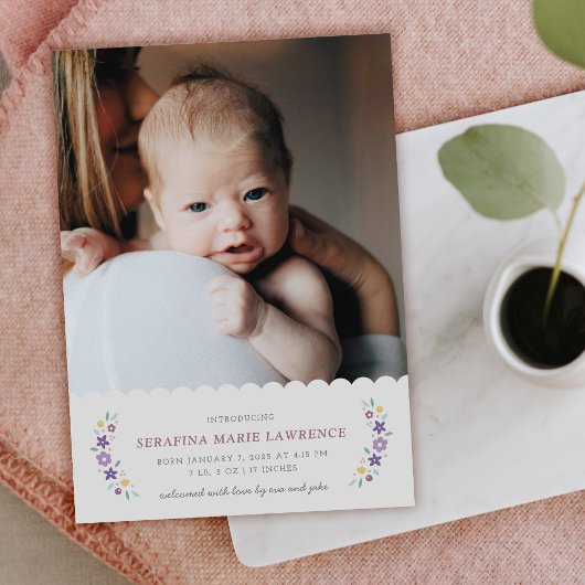 Purple Sweet Floral Baby Girl Birth Announcement  サンキューカード