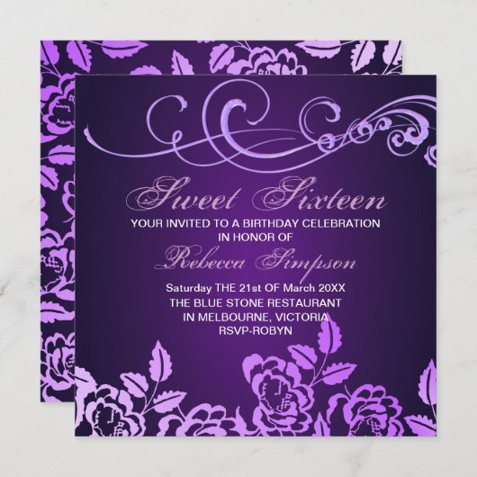 Purple Swirl &バラSweet 16誕生日招待状 招待状 (正面/裏面)