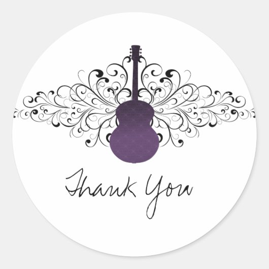 Purple Swirls Guitar Thank You Stickers ラウンドシール (正面)