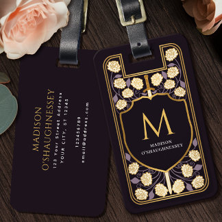 Purple Sword Shield Medieval Fantasy Monogram ラゲッジタグ