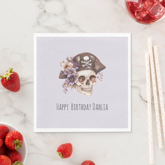 Purple Tan Floral Skull Birthday スタンダードランチョンナプキン (インサイチュ)
