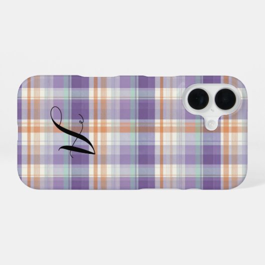 Purple Tartan Plaid Monogram Design iPhone 16ケース (裏面横)