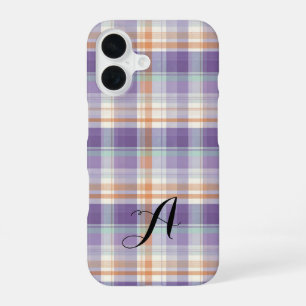 Purple Tartan Plaid Monogram Design iPhone 16ケース