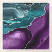 Purple Teal Blue Agate Silver Glitter ガラスコースター (正面)