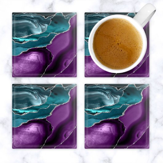 Purple Teal Blue Agate Silver Glitter ガラスコースター