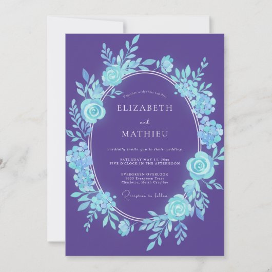 Purple Teal Botanical Romance Wedding 招待状 (正面)