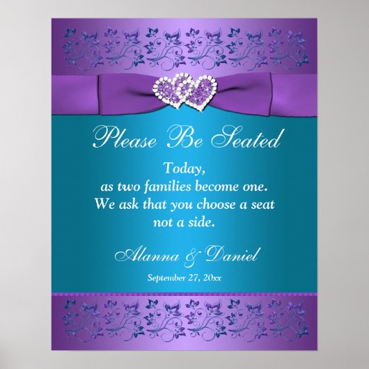 Purple, Teal Floral Hearts Wedding Sign/Poster ポスター (正面)