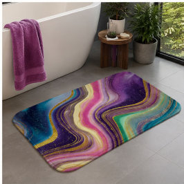 Purple Teal Gold Marble Swirl Luxury Iridescent バスマット