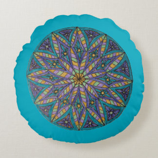 Purple/Teal Starburst Mandala Round Throw Pillow ラウンドクッション