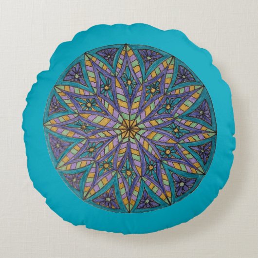 Purple/Teal Starburst Mandala Round Throw Pillow ラウンドクッション (正面)