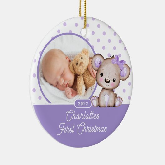 Purple Teddy Bearベビー初めてのクリスマス写真 セラミックオーナメント (右)