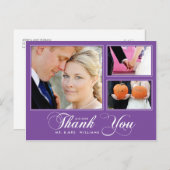 Purple Thank You's 結婚3写真はがきモダン ポストカード (正面/裏面)